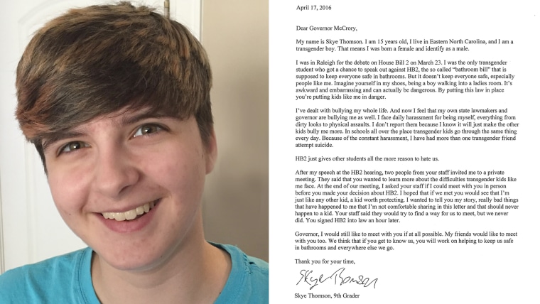 Skye Thomson wrote an open letter to North Carolina Governor Pat McCrory