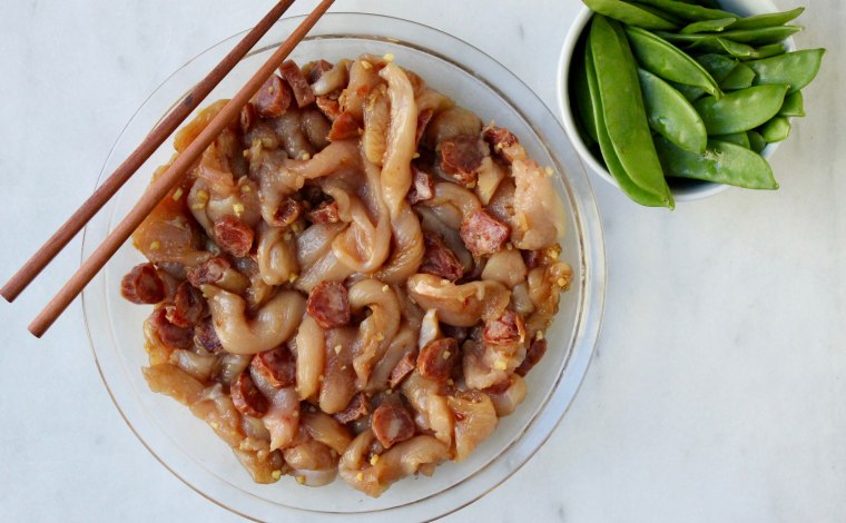 15-Minute Chinese Chicken and Sausages with Snow Peas: Combine the raw ingredients in a large bowl
