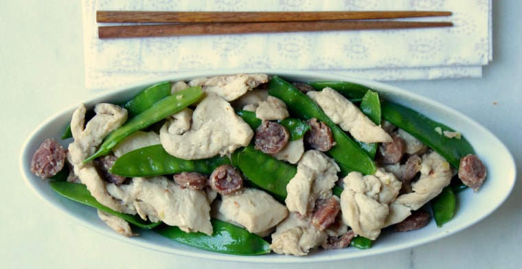 15-Minute Chinese Chicken and Sausages with Snow Peas
