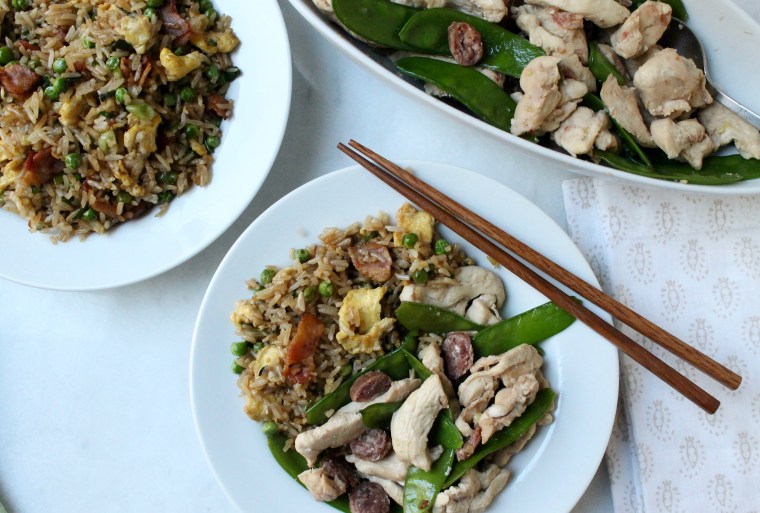 15-Minute Chinese Chicken and Sausages with Snow Peas and 15-Minute Bacon and Egg Fried Rice