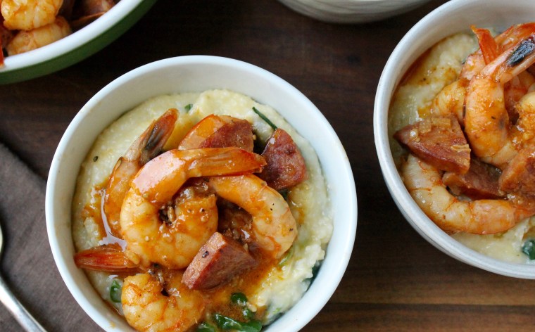 Easy dinner idea: Sauteed shrimp and sausage with cheesy grits and greens