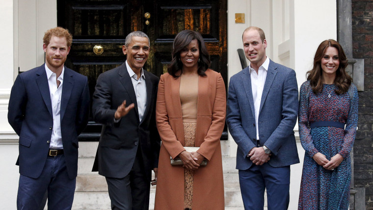 U.S. President Barack Obama and first lady Michelle Obama pose with Britain's Prince William, his wife Catherine, Duchess of Cambridge, and Prince Harry, upon arrival for dinner at Kensington Palace in London, Britain