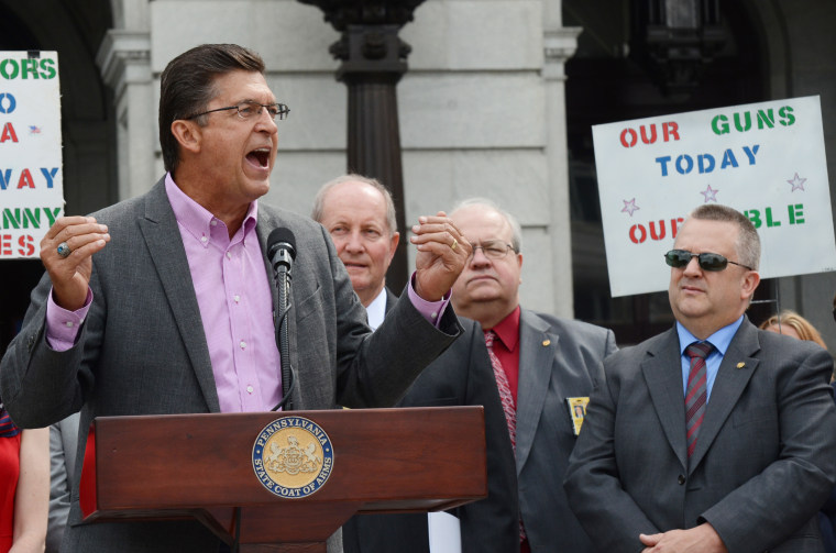 Richard Mack, the former sheriff of Graham County, Ariz., speaks at the 10th annual Second Amendment Action Day rally on the steps of the Pennsylvania Capitol in Harrisburg, Pa., on May 12, 2015,