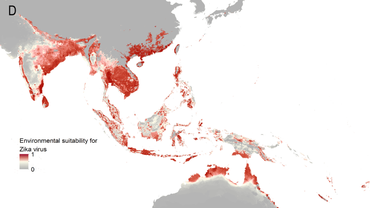 A new map calculating when and where Zika virus is likely to spread shows 2 billion people could be in the Zika zone.This map shows what areas could affect Asia.