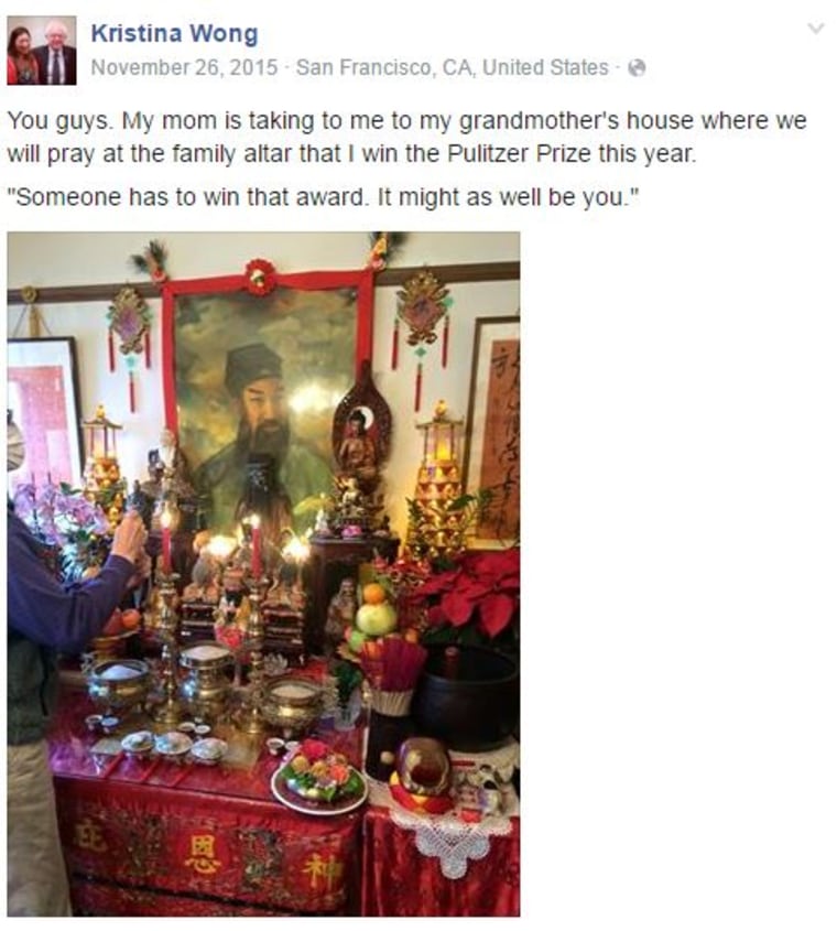 The altar at Kristina Wong's grandmother's house where her mother prayed she would win the Pulitzer Prize for Drama.