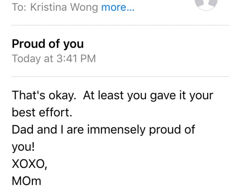 A screenshot of the email Kristina Wong's mother sent her following the Pulitzer Prize announcements.