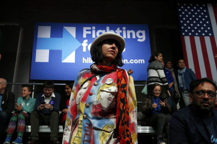 Image: A supporter of U.S. Democratic presidential candidate Clinton wears a pair of pants imprinted with her image at her New York presidential primary night rally in New York