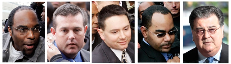 Four New Orleans police officers and a retired sgt. are in a combination of photos as they arrive for booking in New Orleans on Jan. 2, 2007 and as as the sgt. enters Federal court for the start of jury selection in his trial on June 22, 2011. From left: Robert Faulcon Jr., Robert Gisevius Jr., Kenneth Bowen, Anthony Villavaso II and retired New Orleans police Sgt. Arthur Kaufman. The five former New Orleans Police Department officers were granted a new trial after being involved in the Danziger Bridge shooting in New Orleans, Louisiana on Sept. 4, 2005.
