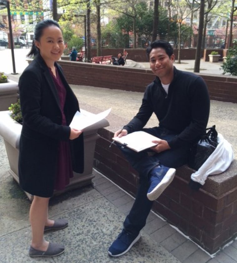 AALDEF volunteers at Confucius Plaza in Manhattan during New York's presidential primary April 19, 2016.