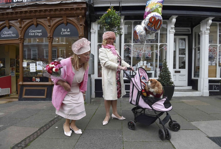 Image: Royal fans with a dog in a buggy gather to celebrate Queen Elizabeth's 90th birthday in Windsor
