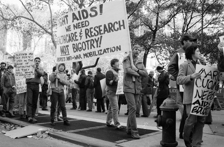 Image: About 100 demonstrators protested on the steps of New York's City Hall in 1985