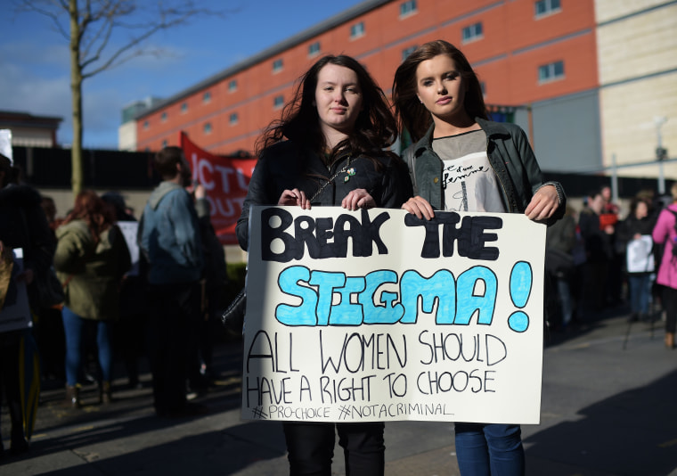 Image: Abortion right advocates in Belfast, Northern Ireland, on April 7