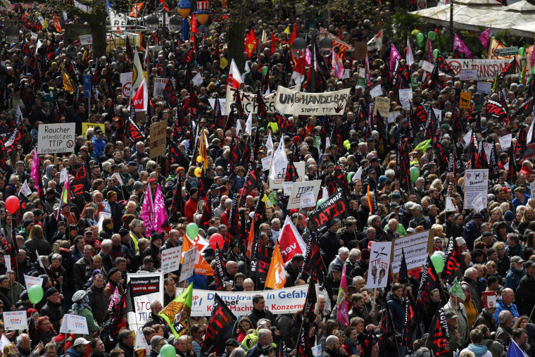 Image: Protesters demonstrate against TTIP free trade agreement ahead of U.S. President Obama's visit in Hannover