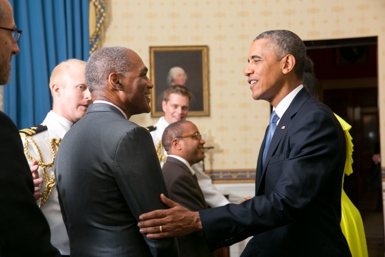 President Barack Obama and First Lady Michelle Obama greet Phil Wilson and Mark Schoofs in the Blue Room during a U.S.-Africa Leaders Summit dinner at the White House, Aug. 5, 2014. (Official White House Photo by Amanda Lucidon)

This photograph is provided by THE WHITE HOUSE as a courtesy and may be printed by the subject(s) in the photograph for personal use only. The photograph may not be manipulated in any way and may not otherwise be reproduced, disseminated or broadcast, without the written permission of the White House Photo Office. This photograph may not be used in any commercial or political materials, advertisements, emails, products, promotions that in any way suggests approval or endorsement of the President, the First Family, or the White House.