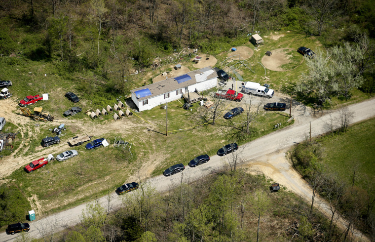 This aerial photo shows one of the locations being investigated in Pike County, Ohio, as part of an ongoing homicide investigation, April 22.