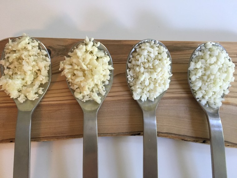 From left to right: Cauliflower rice made with a cheese grater, made with a food processor, fresh bagged from Trader Joe's, and frozen from Trader Joe's