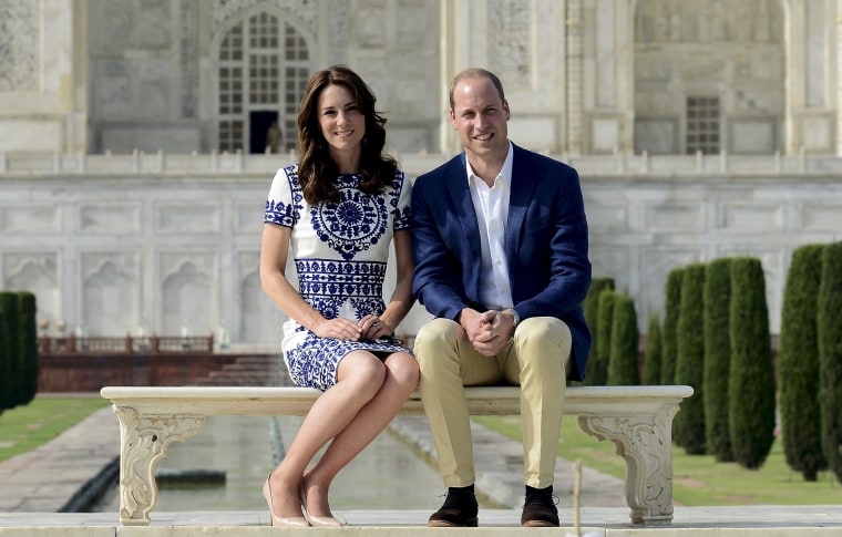 Britain's Prince William and Catherine pose in front of the Taj Mahal