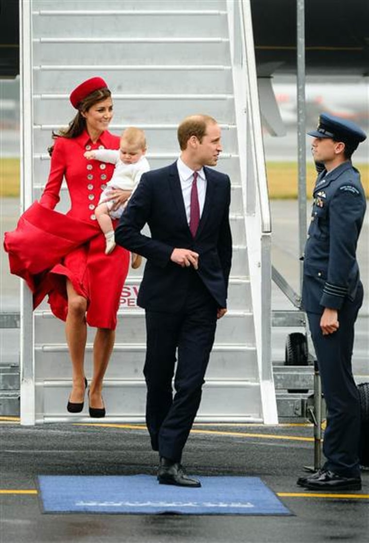 The Duke and Duchess of Cambridge, carrying their son, Prince George, at their April 2014 arrival in Wellington, New Zealand.