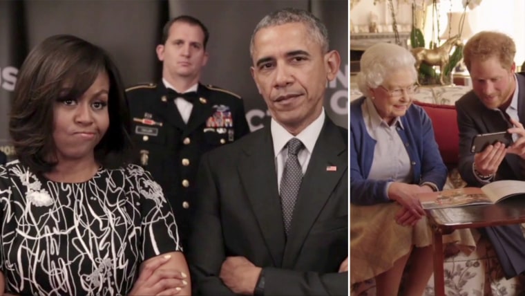 Prince Harry and Queen Elizabeth II respond to a video from President Obama and the First Lady