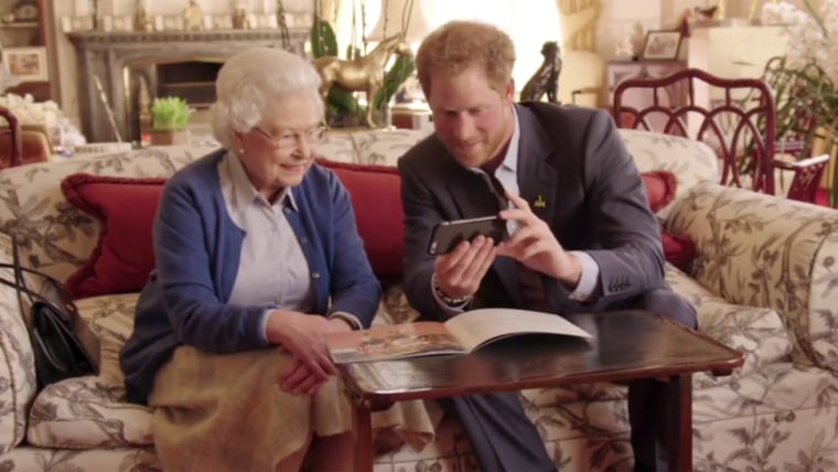Prince Harry and Queen Elizabeth II respond to a video from President Obama and the First Lady