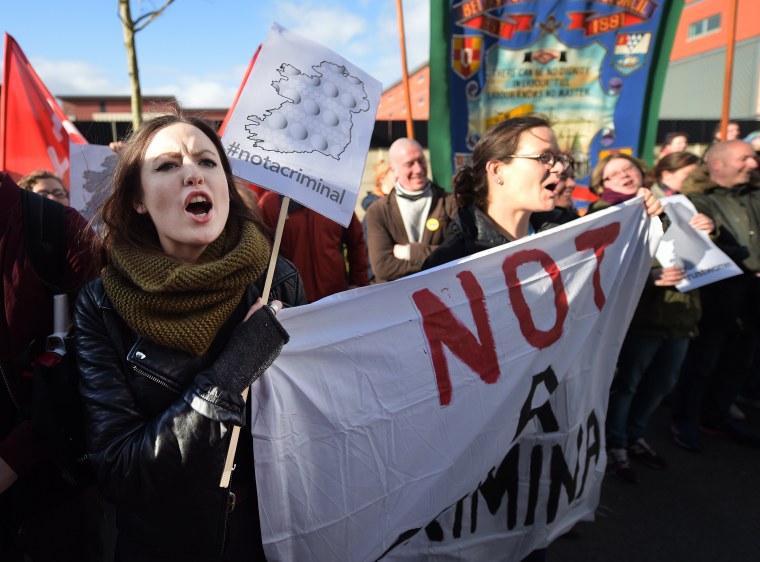 Image: Abortion rights advocates protest in Belfast, Northern Ireland, on April 7