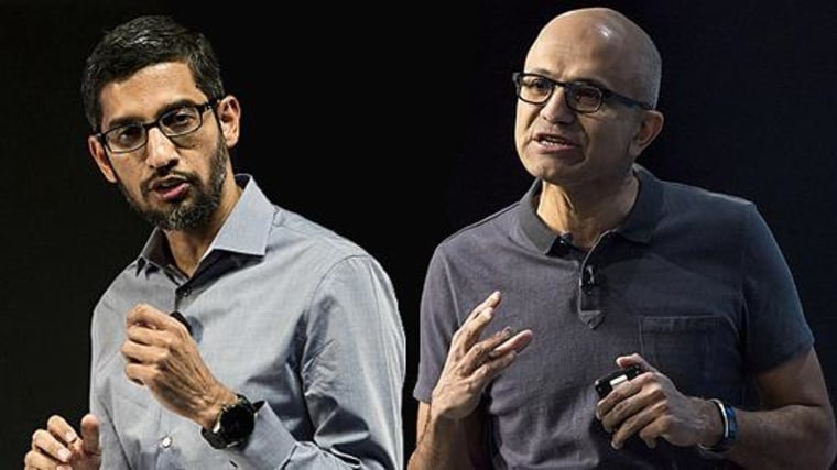 Google CEO Sundar Pichai and Microsoft CEO Satya Nadella. Udit Kulshrestha and David Paul Morris | Bloomberg | Getty Images