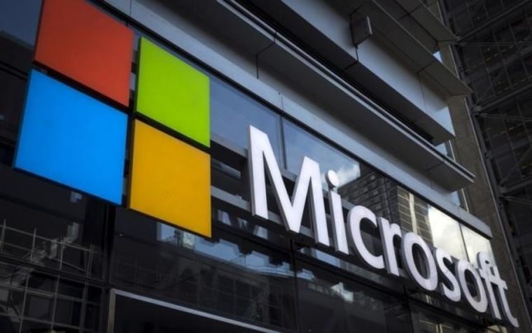 A Microsoft logo is seen on an office building in New York