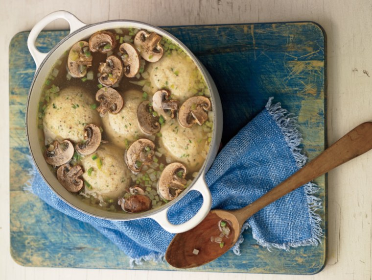 Pati Jinich's matzo balls with mushrooms and jalape?os in broth.