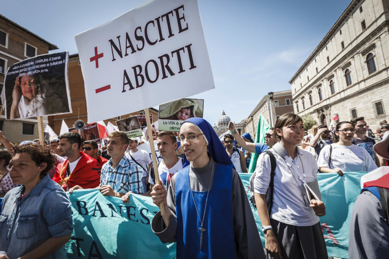 Image: A nun holds a placard reading "More Births Minus Abortions"