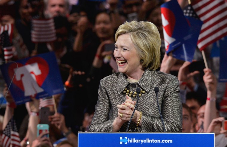 Image: Democratic U.S. presidential candidate Hillary Clinton takes the stage at her five state primary night rally in Philadelphia