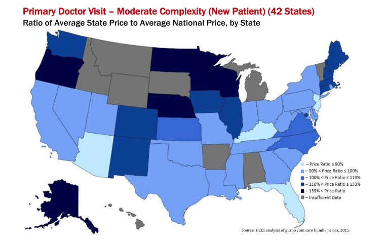 Image: A map shows the average cost of a doctor's visit based on a new study by the Health Care Cost Institute.