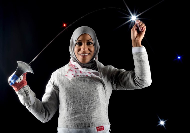 Fencer Ibtihaj Muhammad poses for a portrait (edited to add special effects) at the 2016 Team USA media summit March 9 in Beverly Hills, Calif.