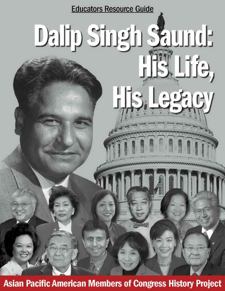 The cover of a resource guide for Cheng's documentary on Dalip Singh Saund, the first Asian-, Indian-, and Sikh-American member of Congress.
