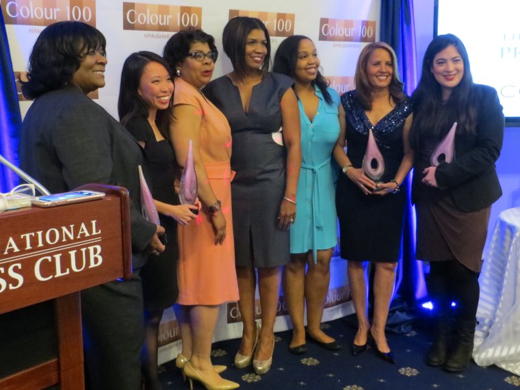 From left, Yvette Miley, Amanda Terkel, April Ryan, Melinda Cooke-Vandaveer, Scarlette Whyte, Suzanne Malveau and Jay Newton Small on April 28, 2016 at the ceremony honoring women of color in the media.