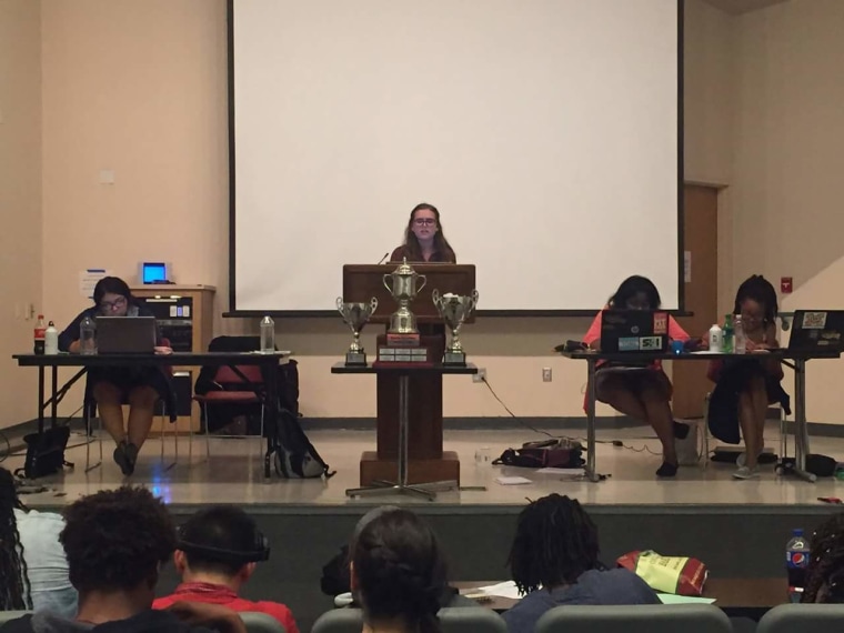 Tamara Morrison (far right) and Tiera Colvin (second to right) compete in a debate. The pair could potentially make history at the Tournament of Champions at the University of Kentucky if they are crowned the first Black female students to win.