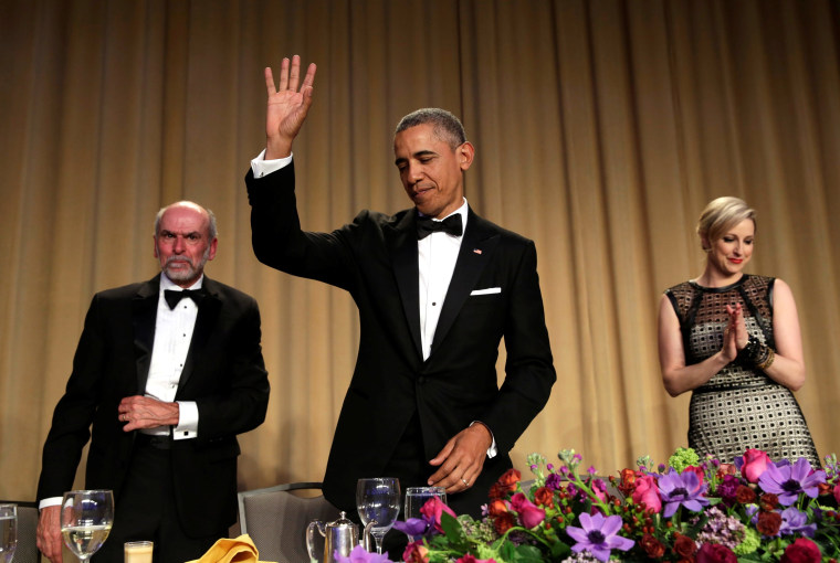 Image: President Barack Obama waves at the White House Correspondents' Association annual dinner in Washington