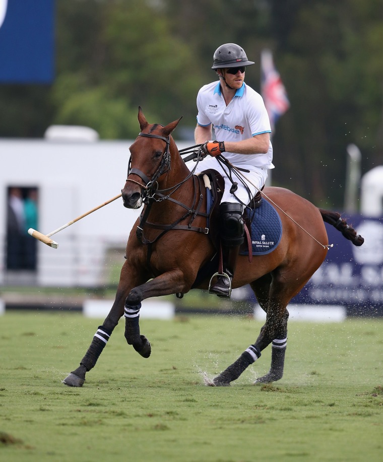 Prince Harry on a horse during the charity polo match benefitting his organization, Sentebale