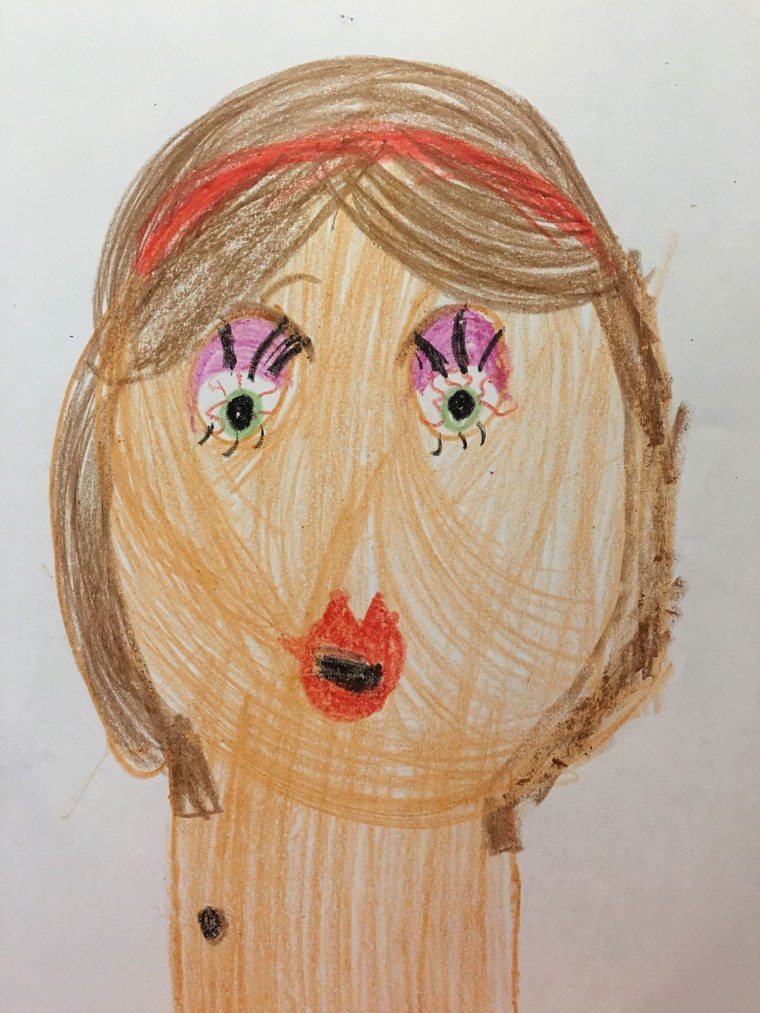 From my 8 year old "Mom, this is what you look like when your lips are chapped and you've been up all night." I really like how she captured the bloodshot eyes look.