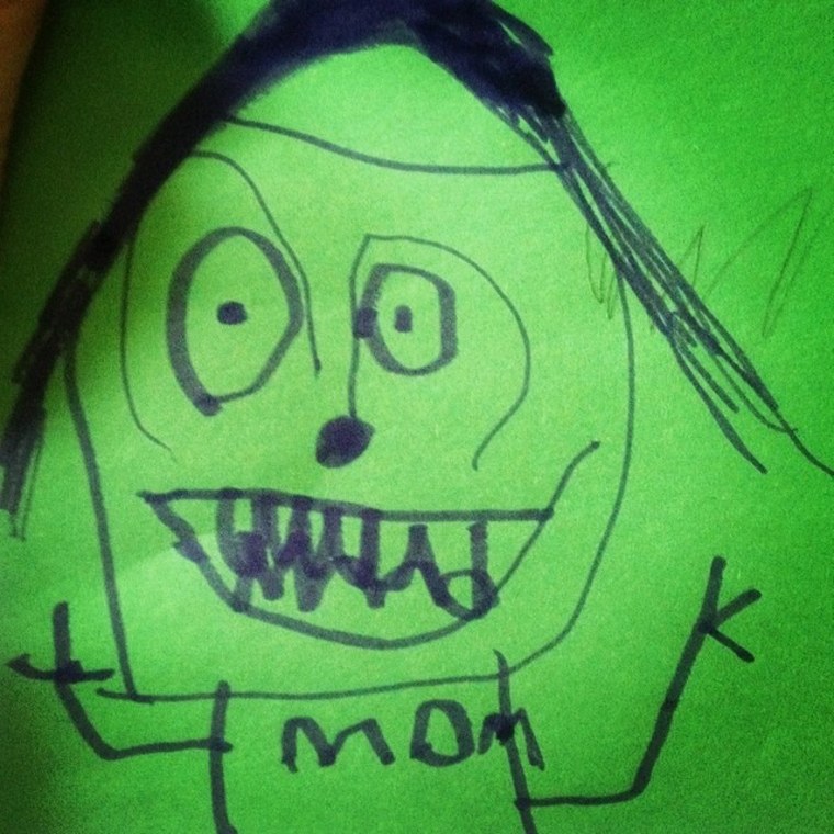 We had run out of coffee that morning, if i remember correctly. Obviously looks nothing like me, my circles are UNDER my eyes, not over them. - a portrait of me by my then 3yo daughter.