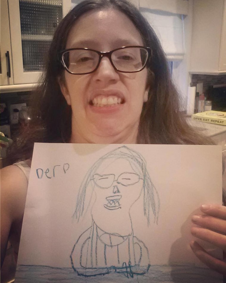 Here's my personal favorite. My 8 year old asked me to pose for a portrait. I can't decide if I like the sharp teeth or the "DERP" written in the corner the best.