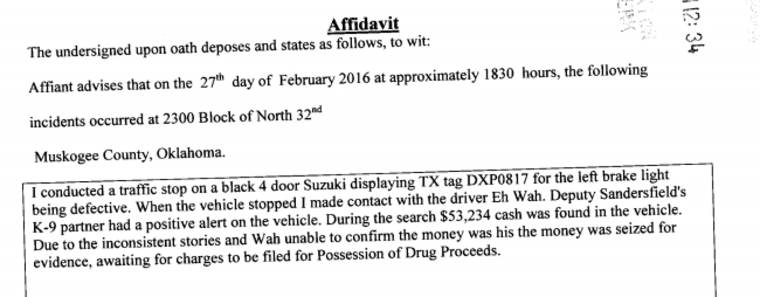 An excerpt of a police affidavit detailing Eh Wah's traffic stop.