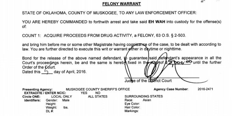 An Oklahoma warrant issued for Eh Wah's arrest. He turned himself in two days after it was issued.