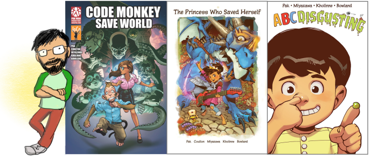 An illustrated Greg Pak with three of the projects he funded using Kickstarter.