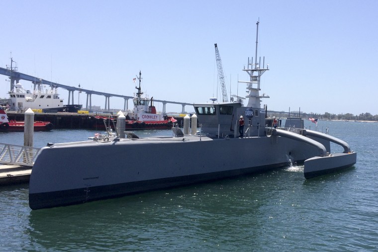 A self-driving, 132-foot military ship sits at a maritime terminal in San Diego on May 2, 2016.  The Pentagon's research arm is launching tests on the world's largest unmanned surface vessel designed to travel thousands of miles out at sea without a single crew member on board.