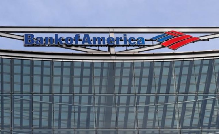 The Bank of America logo is seen at their offices at Canary Wharf financial district in London