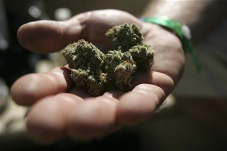 An attendee holds marijuana buds at the International Cannabis &amp; Hemp Expo in Oakland