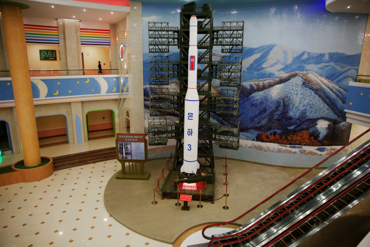 Image: A model of a rocket is placed inside the Mangyongdae Children's Palace in central Pyongyang
