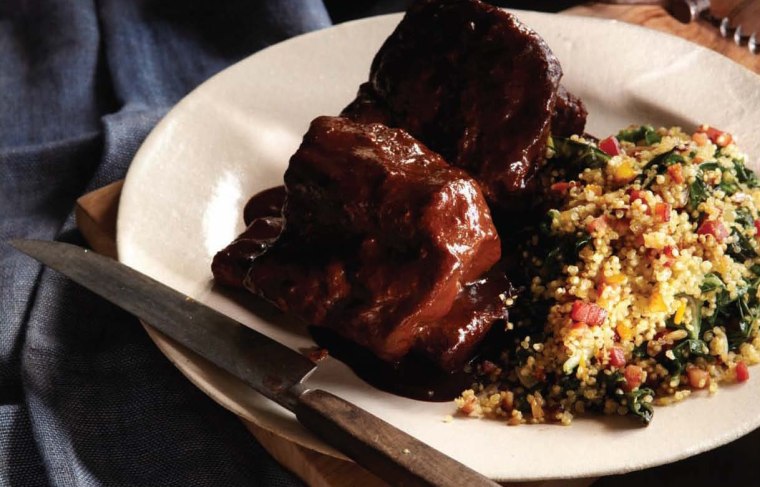 Short ribs with black sauce and sauteed Quinoa with Swiss chard.