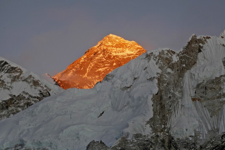 Mt. Everest is lit by the sun as seen on the way to Kalapatthar in Nepal in November 2015.