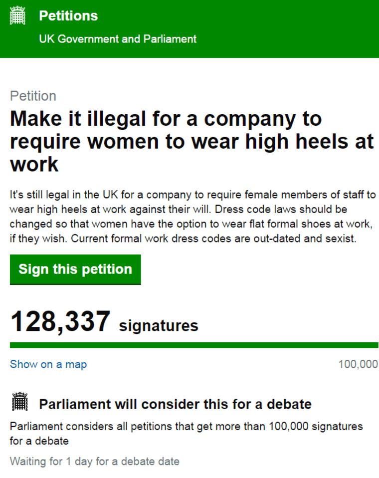 Text of petition to Make it illegal for a company to require women to wear high heels at work